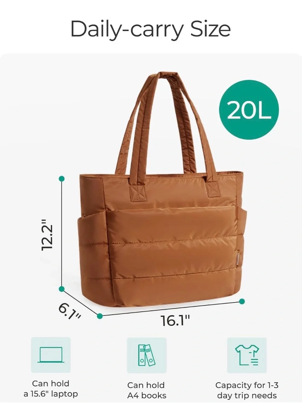 Quilted Laptop Tote in Chestnut Brown with Removable Strap